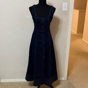 Dark Blue Denim Button-Front Midi Dress - Women's
